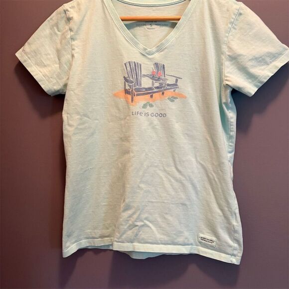 Life Is Good Tops - Life Is Good Women's Blue Adirondack Chair Graphic Tee Size S